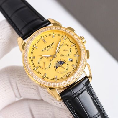 Patek Philippe Complications 42mm 9100 Movement 316L Steel Crocodile Leather Strap Men Watch